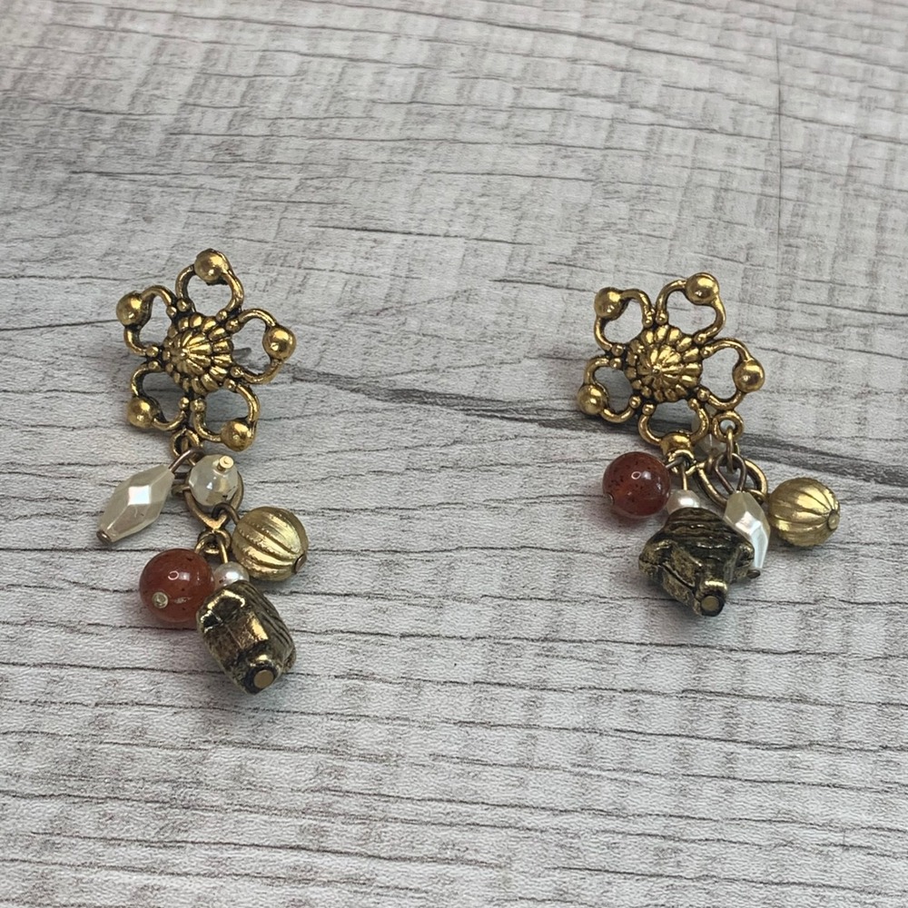 Antique Gold Tone Flower and Fish Charm Dangle Earrings Bohemian Eclectic 5581